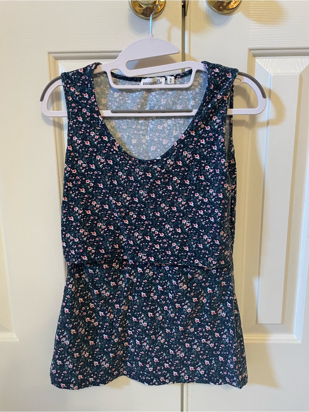 Momzelle Floral Nursing Tank Top in Navy with Pink Flowers